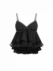 Chiffon V-neck Metallic Decor Ruffle Cami Blouse Curve & Plus