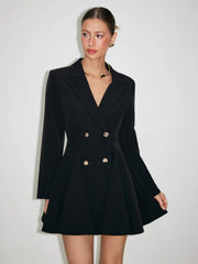 Collar Metal Button Detail Pleated Blazer Mini Dress