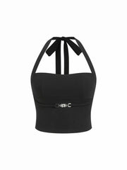 Cotton-blend Halter Neck Metal Detail Crop Tank Top