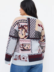 Knit Floral Spoon & Cup Pattern Colorblock Top Curve & Plus