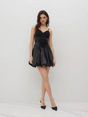 Satin Sweetheart Floral Lace Trim Bubble Hem Mini Dress
