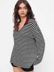 Cotton-blend Striped Sweetheart Neck Contrasting Binding Oversized Tee