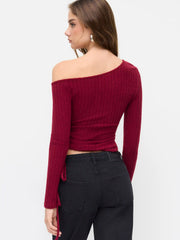 Brushed Fabric Asymmetrical Neck Hanky Hem Ruched Drawstring Top