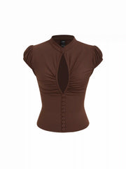 High Stretch Stand Collar Puff Sleeve Ruched Cut Out Top