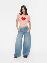 Knit Strawberry Graphic Contrasting Binding Top