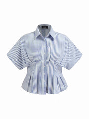Cotton-blend Stripe Pleated Cinched Waist Shirt Curve & Plus