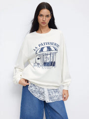 Sudadera de manga larga y cuello redondo holgada con estampa de panadería de algodón