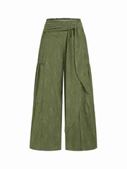 Lace Shirred Bowknot Straight Leg Trousers