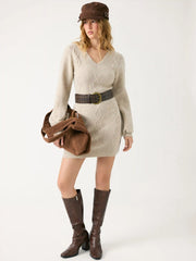 Wool-blend Cable Knit V-neck Bobycon Mini Dress With Belt