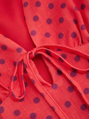V-neck Puff Sleeve Polka Dot Knotted Mini Dress