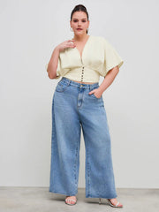 Cotton-blend V-neck Solid Ruched Button Top Curve & Plus
