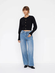 Knit Round Neck Gigot Sleeve Button Metal Detail Cardigan
