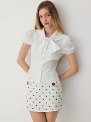 Cotton Peter Pan Collar Puff Sleeve Bowknot Lace Trim Blouse