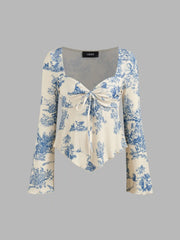 V-neck Toile de Jouy Knotted Long Sleeve Crop Top