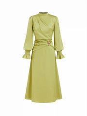 Satin Stand Collar Lantern Sleeve Ruched Waist A-line Maxi Dress