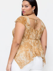 Mesh Square Neck Polka Dot Drawstring Hanky Hem Top Curve & Plus