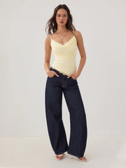 Sweetheart Neck Lace Panel Ruched Asymmetrical Hem Cami Top