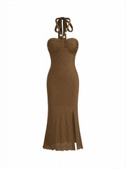 Halter Neckline Jacquard Beaded Split Maxi Dress