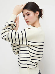 Knit Boat Neck Striped Button Long Sleeve Top