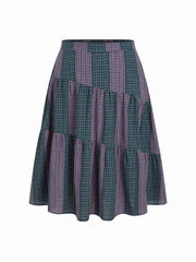 Cotton-blend Mid Rise Tartan Patched Tiered Maxi Skirt Curve & Plus