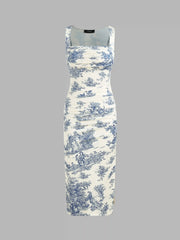 Toile de Jouy Ruched Split Maxi Dress