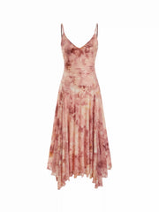 Mesh Floral V-neck Ruched Asymmetrical Ruffle Hem Flared Maxi Dress