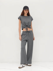 Cotton-blend Twist Roll-up Sleeve Top & Mid Rise Elastic Waist Straight Leg Trousers Set