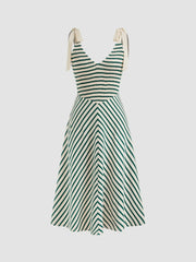 V-neck Stripe Shirred Bowknot Maxi Dress