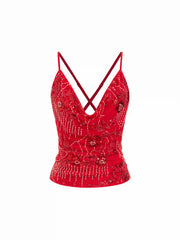Mesh Sequin Beaded Cowl Neck Cami Top