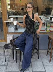 Cotton Polka Dot Halter Neck Asymmetrical Crop Top with Metal Detail