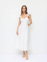Cotton-blend Broderie Anglaise Sweetheart Ruffle Sleeve Flared Maxi Dress