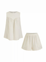 Boat Neck Ruched Sleeveless Top & Mid Rise Wide Leg Shorts Set