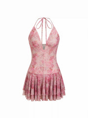 Mesh Floral Ruffle Hem Halter Neckline Mini Dress
