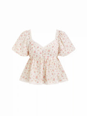 Cotton-blend Floral Sweetheart Lace Trim Puff Sleeve Cropped Blouse