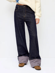 Cider Stretch Denim Mid Rise Plaid Roll Hem Straight Leg Jeans