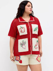 Linen-blend Mid Rise Fruit Applique Shorts Curve & Plus