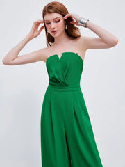 Woven Solid Shirred Pleated Straight Leg Jumpsuit