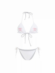Halter Neckline Bowknot Embroidery Triangle Bikini Set
