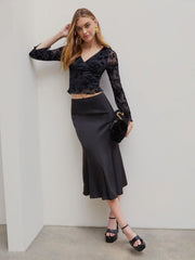 Lace Floral V-neck Long Sleeve Crop Blouse