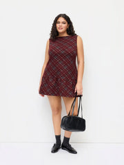 Wool-look Boat Neck Plaid Ruffle Hem Mini Dress Curve & Plus