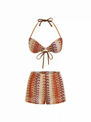 Halter Neckline Wave Triangle Tie Side Bikini Set With Cover Up Shorts