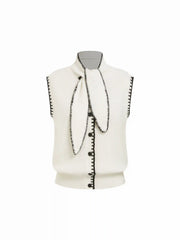 Knit High Neck Contrasting Binding Button Vest With Scarf