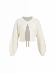 Wool-blend Knit Eyelet Bowknot Tie Cardigan