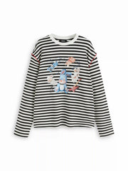 Cotton-blend Bunny Graphic Round Neckline Striped Oversized Tee