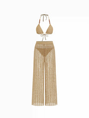 Halter Neckline Beaded Strap Triangle Top & Low Rise Crochet Pants Bikini Swimsuit