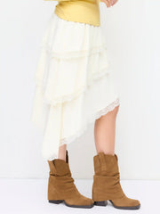 Mid Rise Lace Trim Layered Asymmetrical Hem Midi Skirt