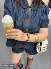 Denim Peter Pan Collar Ruched Puff Sleeve Blouse