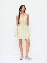 Cotton-blend Striped Sweetheart Neck Lace Trim Backless Flared Mini Dress
