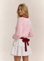 Wool-blend Contrasting Binding Tie Back Hollow Out Sweater