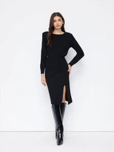 Wool-blend Round Neck Shirred Knitted Midi Dress With Shoulder Pads